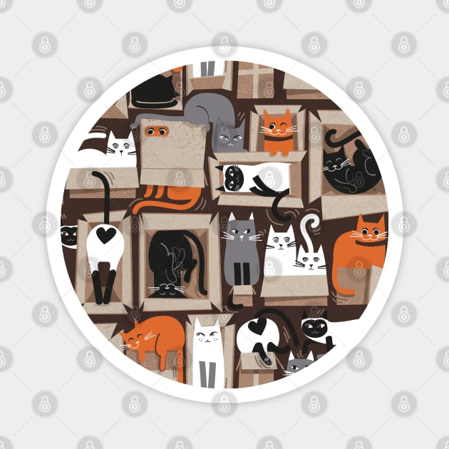 Purfect feline architecture // pattern // brown background cute cats in cardboard boxes Magnet by SelmaCardoso